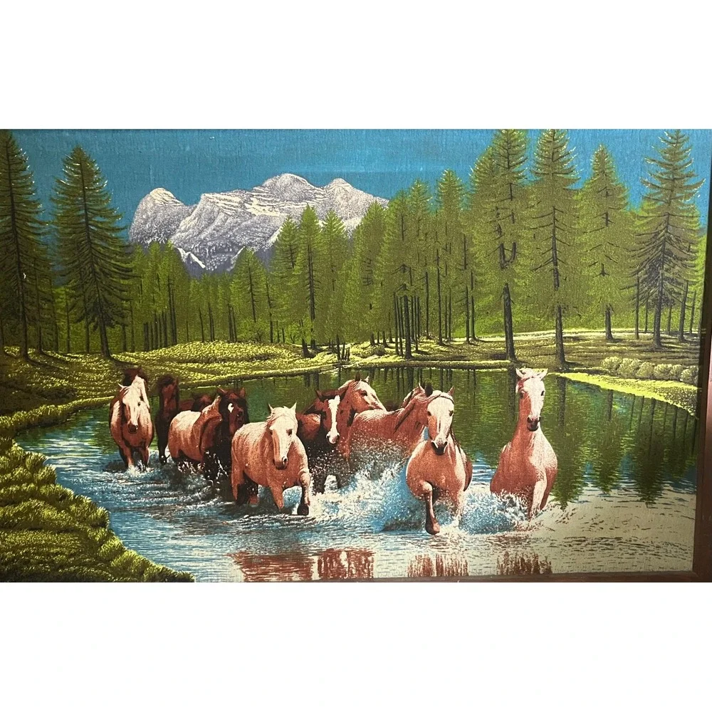 Vintage Wild Horses Woven Tapestry Wall Hanging Mountain Lake Landscape 49x31